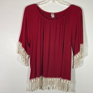 Lily pad Elastic Neck Fringe Sleeve & Bottom Comfort Stretch Top Size 3X